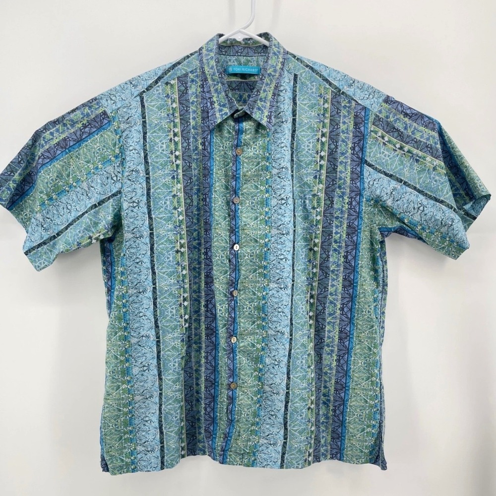 Tori Richard Button Up Mens L Geometric Stripe Cotton Lawn Blue Green Pattern